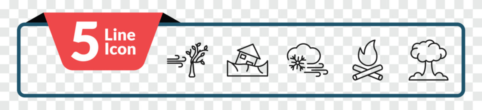 outline meteorology icons set - wind and bend trees, landslide and house, woods on fire, bomb explosion. editable vector for web and mobile ui
