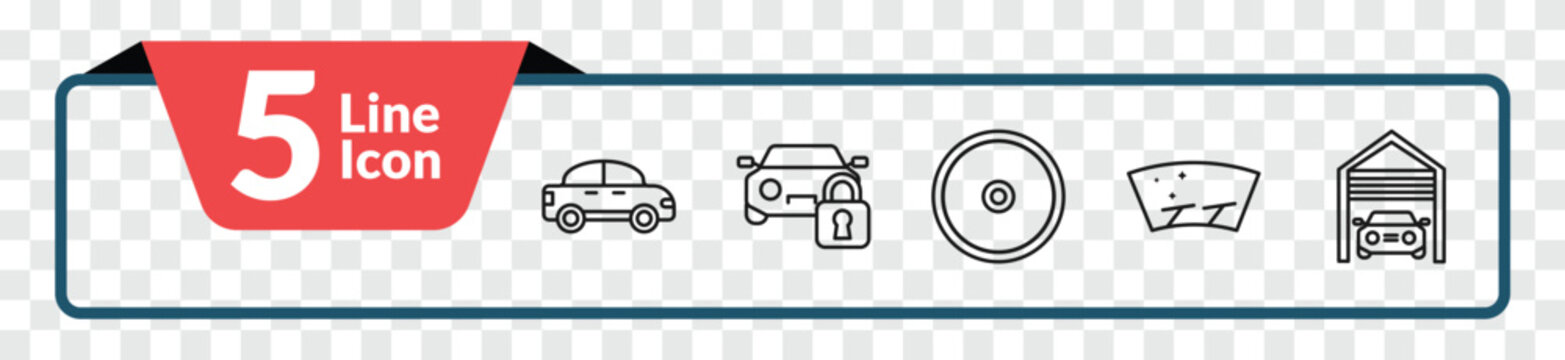 outline mechanicons icons set - small car, car and padlock, glass wiper, car inside a garage. editable vector for web and mobile ui