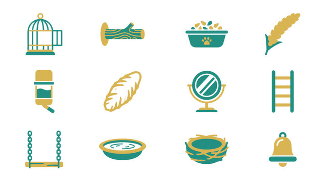 Pet Bird Cage and Accessories Flat Icons Set