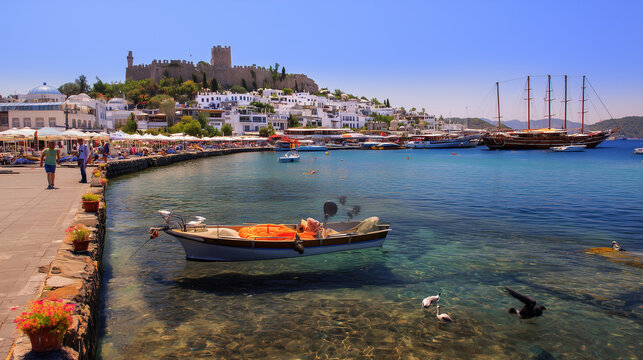 Scenic Mediterranean coastal harbor with crystal clear water, traditional boats, white buildings, and historic castle under a bright blue sky. Summer travel and tourism destination concept.