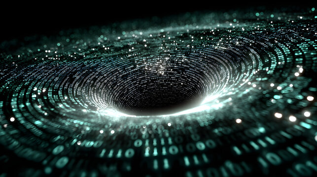 Immersive tunnel formed by flowing binary code, representing data streams and digital information flow.