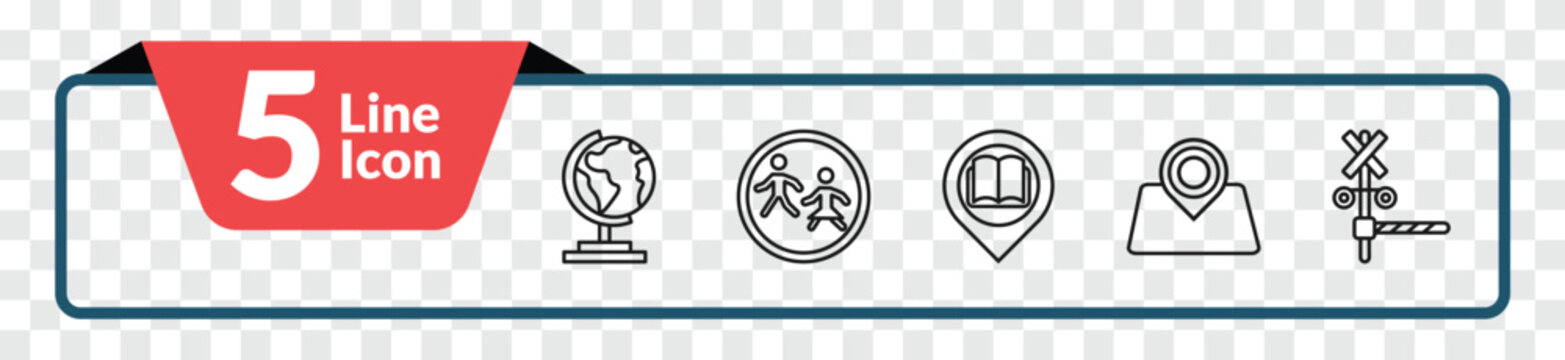 outline maps and flags icons set - earth gobe, crossing zone, map localization, rail crossing. editable vector for web and mobile ui