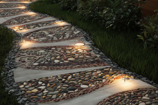 Elegant landscaped garden pathway with decorative stone patterns and warm lighting surrounded by greenery. Luxury outdoor design and landscaping concept.