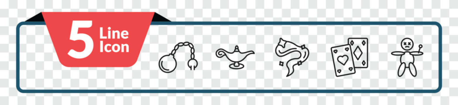 outline magic icons set - fetters, magic lamp, playing cards, voodoo doll. editable vector for web and mobile ui