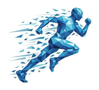Abstract geometric blue polygonal runner figure depicting speed, dynamic motion, and technological advancement.