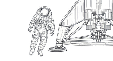 Astronaut and Lunar Lander Line Art Vector Illustration © Barokah
