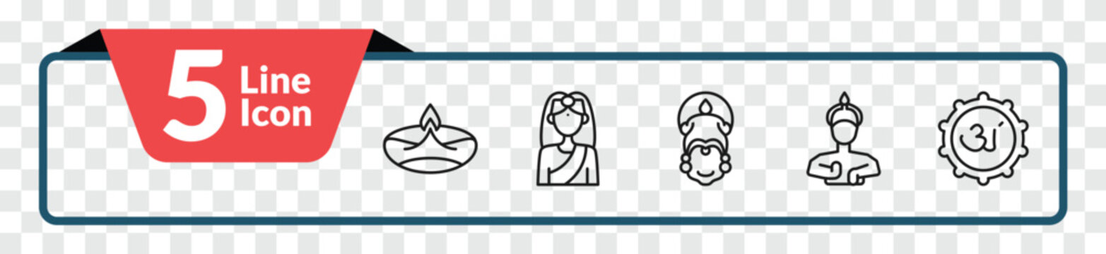 outline india icons set - diwali lamp, , indian goddess, marathi language. editable vector for web and mobile ui
