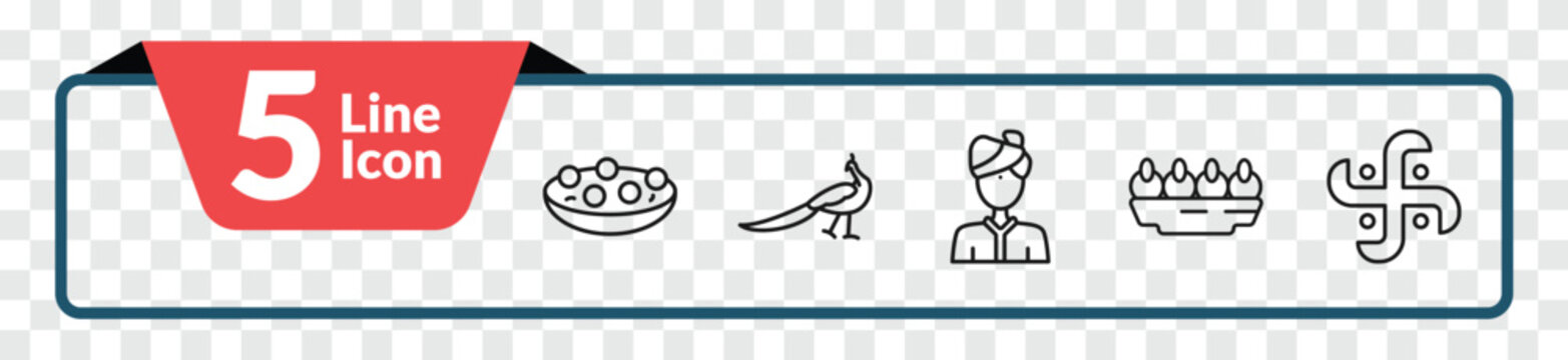 outline india icons set - kanji vadas, peacock, sandesh, hindu. editable vector for web and mobile ui
