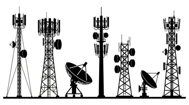 Telecommunication Towers and Satellite Dishes Silhouette Vector