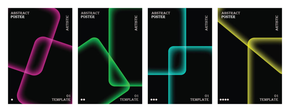 Set of four abstract posters with glowing neon rounded rectangular shapes on, modern minimalist design