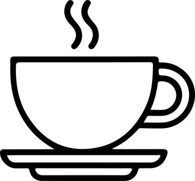 Black silhouette cup icon, saucer design, steam detail, minimalistic hot beverage illustration, representing coffee, tea, caf&eacute; culture, relaxation