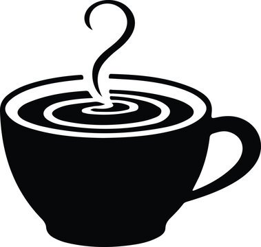 Black silhouette cup icon, saucer design, steam swirl detail, minimalistic hot beverage illustration, representing coffee, tea