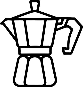 Black silhouette moka pot icon, stovetop espresso maker design, minimalistic coffee brewing illustration, representing traditional caf&eacute; culture, hot beverage