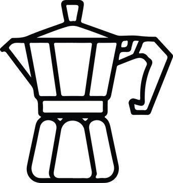 Black silhouette moka pot icon, stovetop espresso maker design, minimalistic coffee brewing illustration, representing traditional caf&eacute; culture, hot beverage