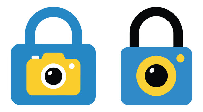 Lock With Camera Icon Flat Vector Illustration With Blue And Yellow Colors