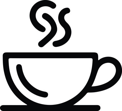Black silhouette teacup icon, saucer design, steam detail, minimalistic hot beverage illustration, representing coffee, tea