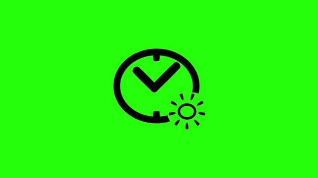 Premium 4K motion graphic of a daytime time clock face with a shiny sun weather star silhouette bouncing. Clean asset for daily morning video.