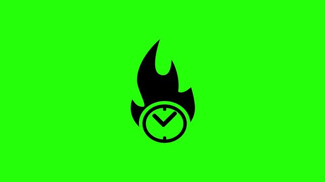 High quality 4K motion asset featuring an urgent burning flaming fire hot clock face timer silhouette bouncing. Creative fast deadline animation asset.