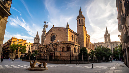 Obraz premium Historic European church facade with ornate gothic architecture and stained glass window, bathed in warm sunset light, city square setting