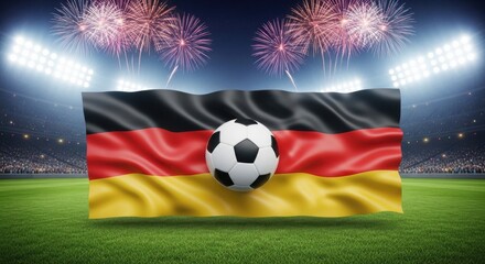 Naklejka premium German flag with soccer ball on football field at night with fireworks