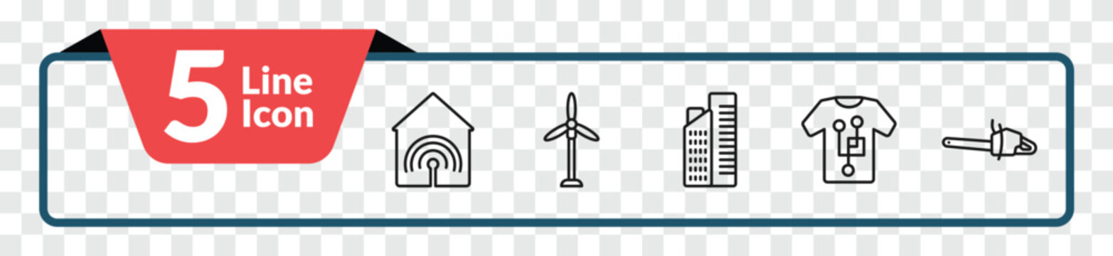 outline future technology icons set - smart house, eolic energy, smart clothing, chainsaw. editable vector for web and mobile ui