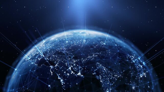 Global Connection Lines. Earth Network Data Transfer. Futuristic AI Technology, 5G, Globe Satellite Communication, Internet Connectivity, Big Data, Digital World Background Animation. Crypto Exchange