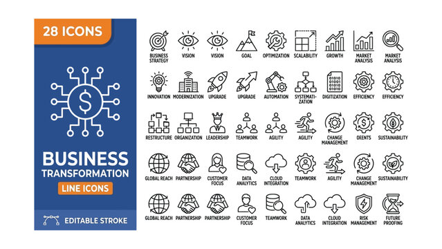 Business Transformation icon set. Contain icons related to Business, transformation, innovation, strategy, growth, optimization, process, and more. Editable stroke. Vector illustration.
