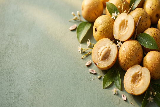 Fresh ripe mangaba fruits with cut halves, slices, seeds, and white blossoms on a green background