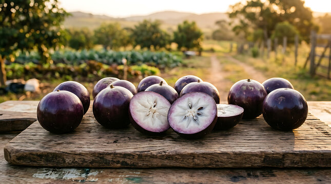 Freshly Harvested Ripe Purple Star Apples on a Wooden Board with a Beautiful Rural Landscape Background