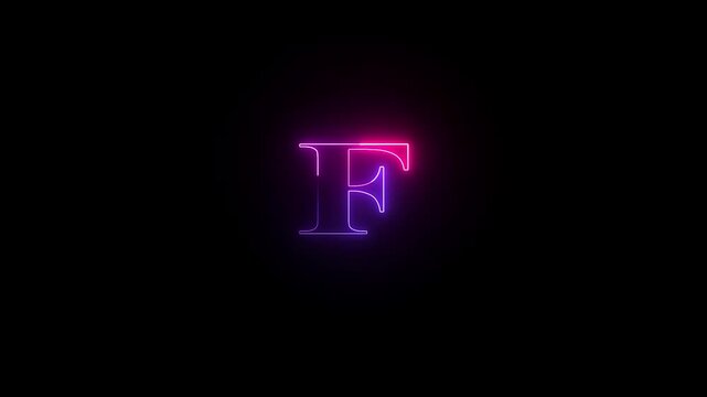 Neon capital letter alphabet F animation neon font letter F on black background .