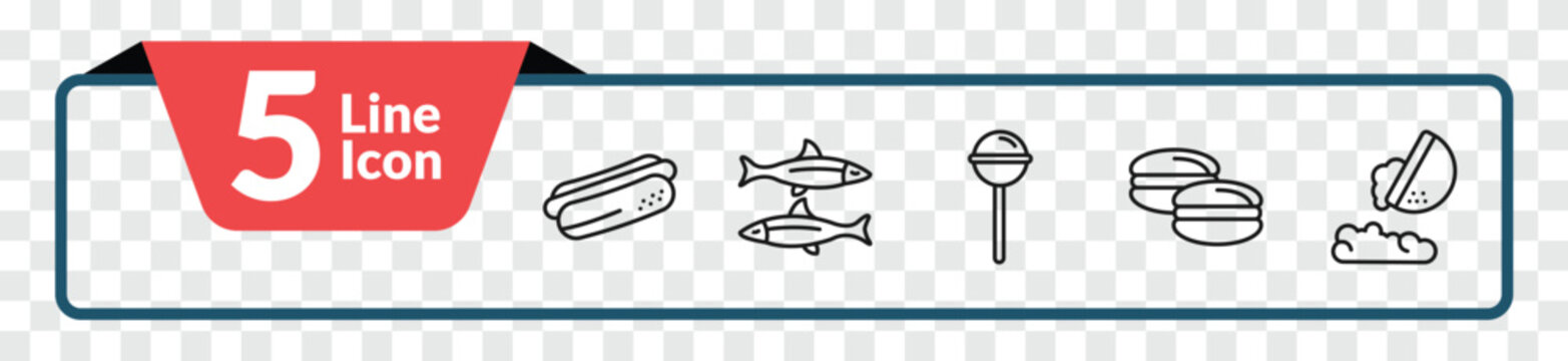 outline food icons set - hotdog and bread, sardines, arons, fallen. editable vector for web and mobile ui