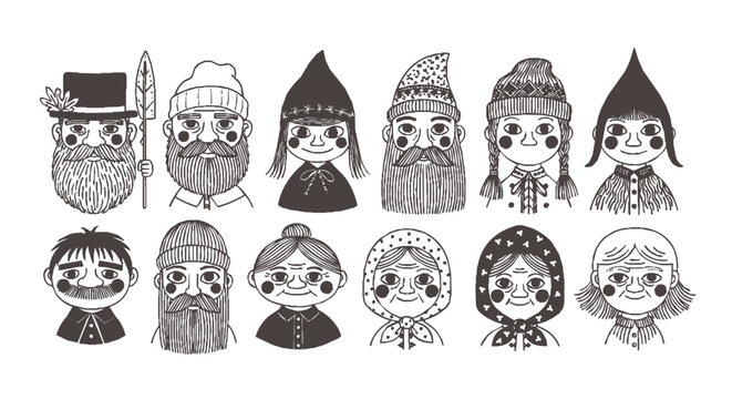 Hand-drawn Scandinavian Folklore Characters Illustration Featuring a Diverse Collection of Nordic People in Traditional Outfits and Rustic Attire