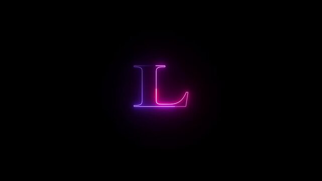Neon capital letter alphabet L animation neon font letter L on black background .