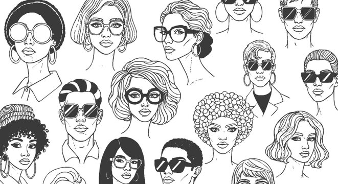 Glasses - Hand-drawn black and white illustration of a diverse group of people wearing stylish eyewear and fashion accessories for a modern portrait