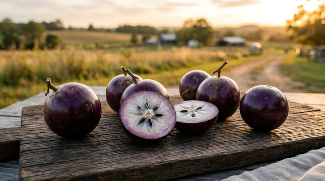 Ripe Purple Star Apples Displayed on Rustic Wooden Board with Blurred Countryside Sunset Background