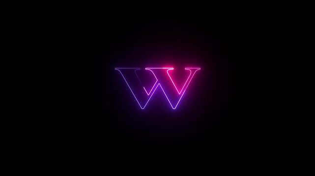 Neon capital letter alphabet W animation neon font letter W on black background .