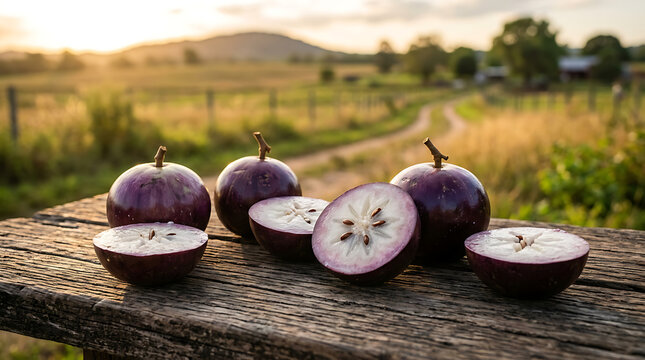 Ripe Star Apples Halved and Whole on a Wooden Surface with a Scenic Countryside Sunset Background