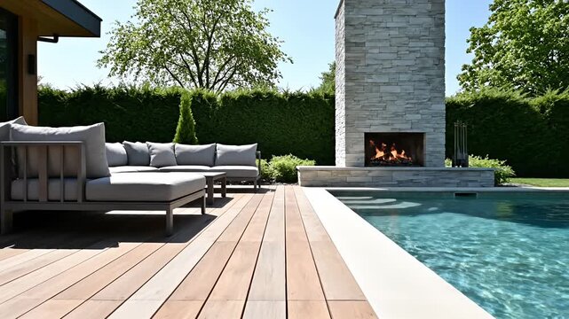 Luxury backyard patio with swimming pool and outdoor fireplace.