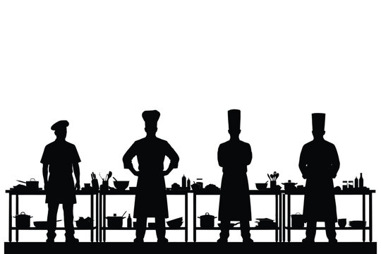 Silhouettes of professional chefs standing at kitchen tables with cooking utensils and equipment