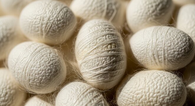 A macro shot of a pile of natural white silk cocoons showing detailed thread texture and organic oval shapes