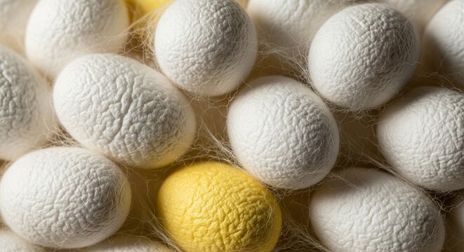 Close-up of raw silk cocoons with textured surfaces, featuring one standout bright yellow cocoon among many white ones.