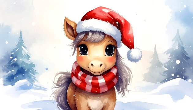 A cartoon horse with a red hat and scarf in a snowy scene