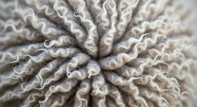 A detailed, top-down macro shot of curly, wavy wool fibers bunched tightly together in a spiral, circular pattern with soft grey and off-white neutral colors.