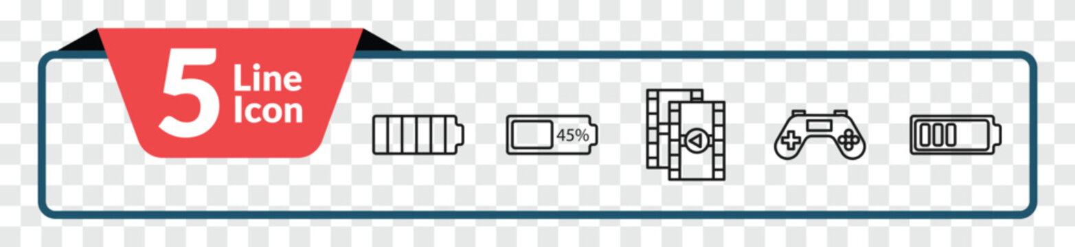outline electronic stuff fill icons set - full battery, battery almost full, joypad, half battery. editable vector for web and mobile ui