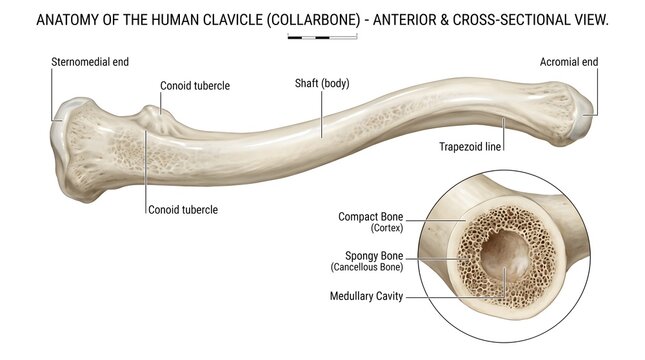 Detailed anatomy of the human clavicle (collarbone) showing sternal and acromial ends, shaft body, conoid tubercle and enlarged cross‑section with compact cortical bone, spongy trabecular bone and med