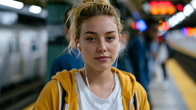 woman standing at a subway platform, earbuds in, visibly tensed as a stranger steps too close, empath overwhelm, sensory overstimulation, boundary setting in public space, crowd anxiety, urban stres