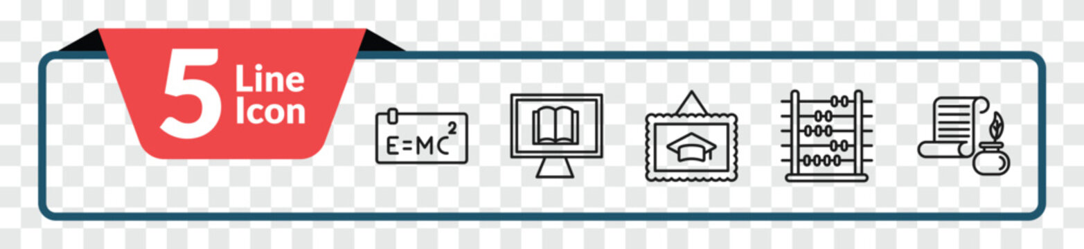 outline education icons set - theory of relativity, digital book, abacus, parchment. editable vector for web and mobile ui