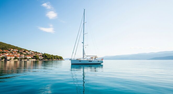 A luxury white sailboat floating on perfectly still, glassy blue water near a coastal town. The bright blue sky is clear with a few small white clouds