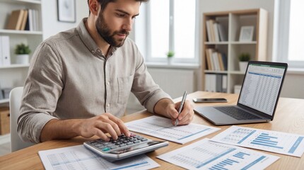 Fototapeta premium Focused man calculating finances at desk with laptop and documents.