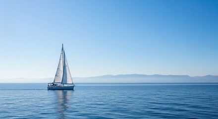 Fototapeta premium Minimalist shot of a single white sailboat sailing on deep blue, calm ocean water with a soft silhouette of mountains on the horizon under a clear sky
